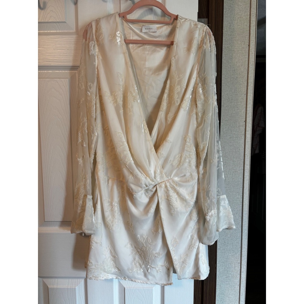 Meshki Cream Floral Burnout Long Sleeve Wrap Mini Dress Ivory XL DR04723AWD3